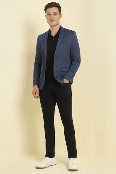 Men Navy Textured Casual Blazer
